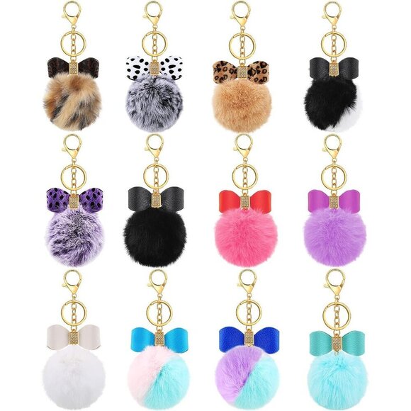 Accessories - 12 Pack Fluffy Faux Fur Pom Pom Keychains Rhinestone Bow for Bags Craft